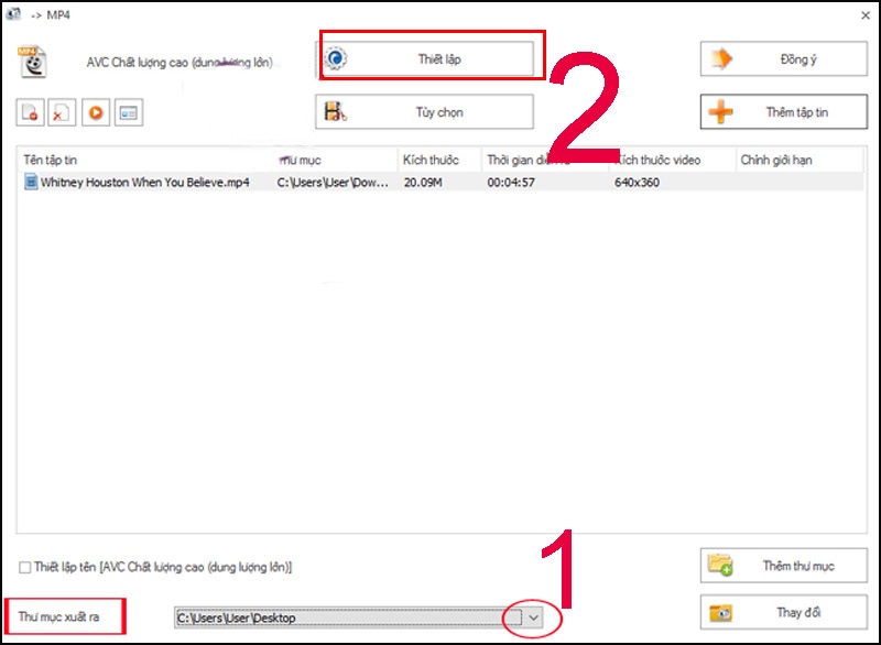 Bước 6: Tại giao diện tùy chỉnh thiết lập cho video, bạn có thể thay đổi Thư mục xuất ra cho video (Output Folder) khi nhấn vào mũi tên xuống > Nhấn chọn mục Thiết lập bên trên