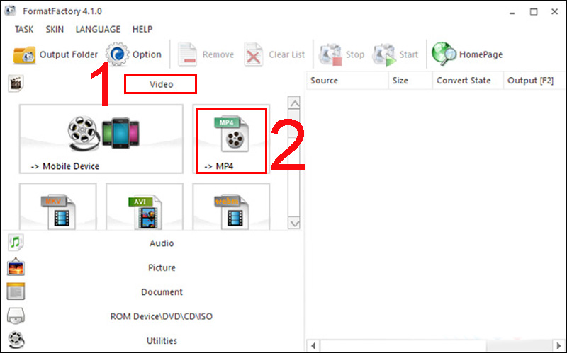 Bước 1: Trên giao diện của Format Factory có hỗ trợ các file chuyển đổi, bạn click chuột vào Video và chọn MP4