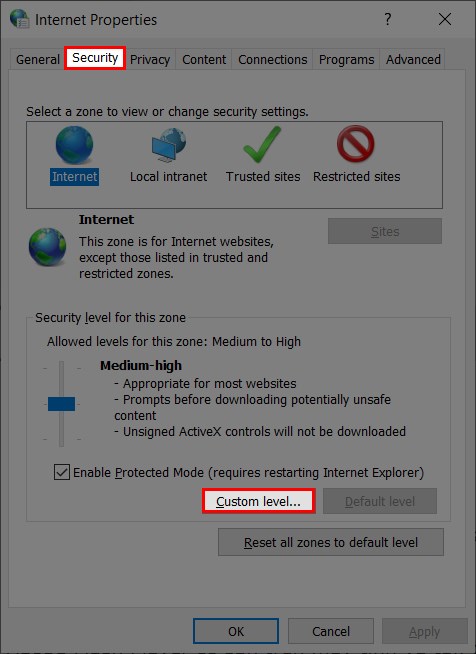 Chọn Custom level trong mục Security